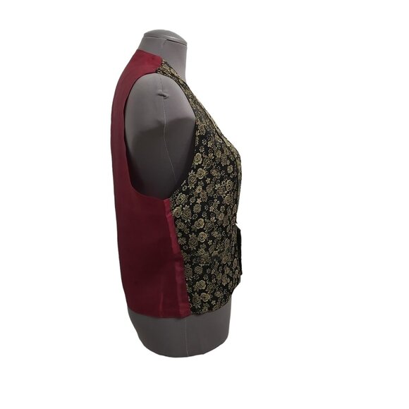 Vest - Black and Metallic Gold Brocade Fabric Burgundy Lining - Medium - Unisex - Picture 6 of 11